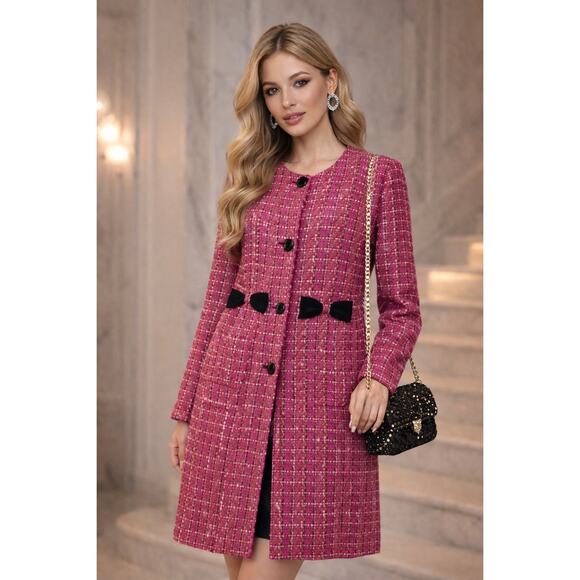Kate Spade Womens Festive Tweed Coat Womens M Pink Black Bow Accent Coquette Kate Spade Womens Festive Tweed Coat Womens M Pink Black Bow Accent Coquette